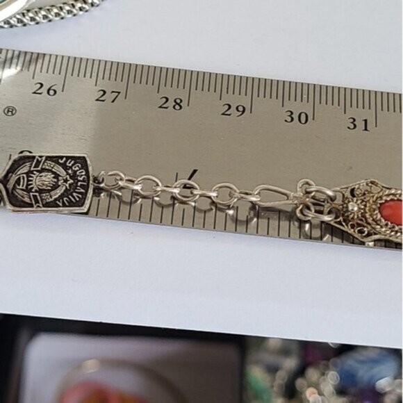 Vintage Antique Boho Sterling Silver Red Coral Cabochon Filigree Chain Bracelet - Picture 13 of 15